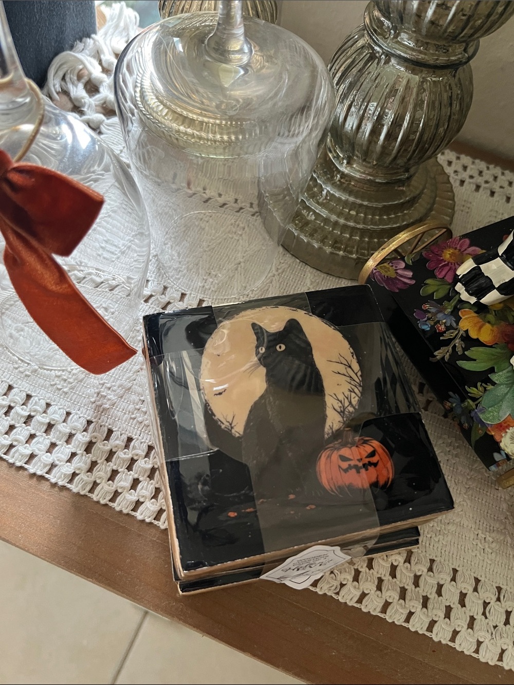 Vintage Halloween Black Cat Coasters Set of 4 • Spooky Full Moon Jack-O-Lantern